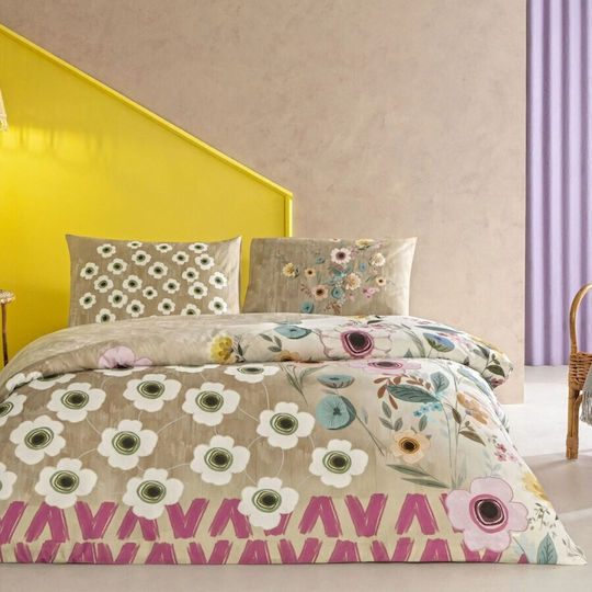Tac Cotton Duvet Cover Set 200x220cm Double With 2 Pillowcases & 1 Bed Sheet Beige Floral Pattern