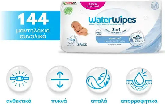 WaterWipes Бебешки Кърпички с 99.9% Вода Без Аромат Алкохол и Парабени 3x48 Бройки