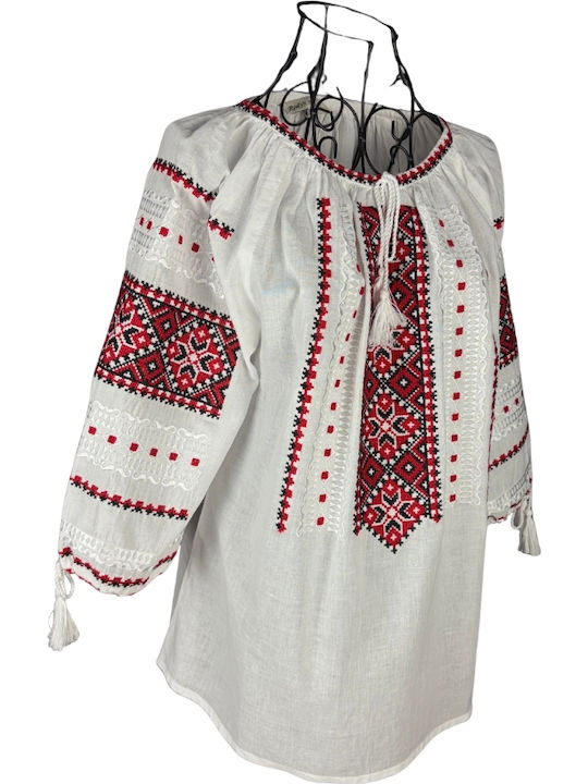 Bluza Damă Bumbac Mânecă Lungă Alb/Portocaliu