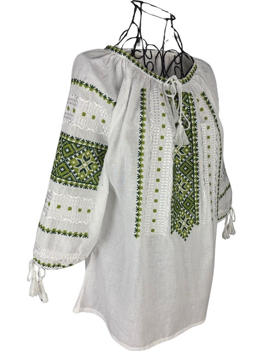 Bluza Damă Bumbac Mânecă Lungă Alb/Portocaliu