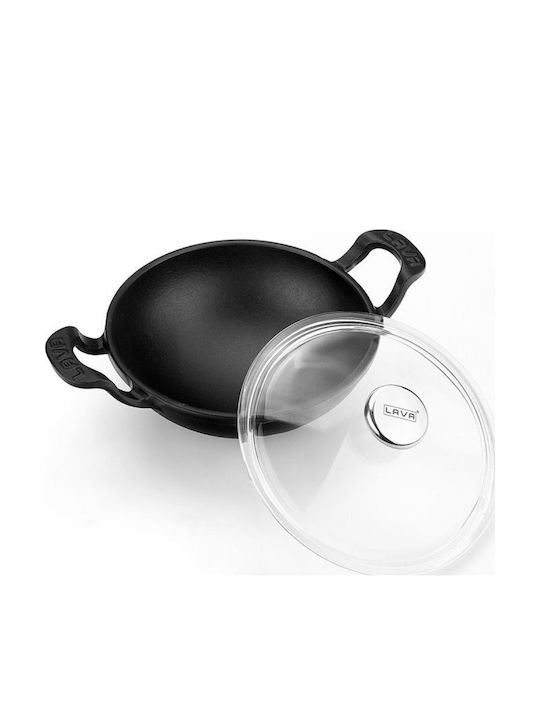 Lava Lava Wok aus Gusseisen mit Deckel mit Emaille Innenbeschichtung 16cm