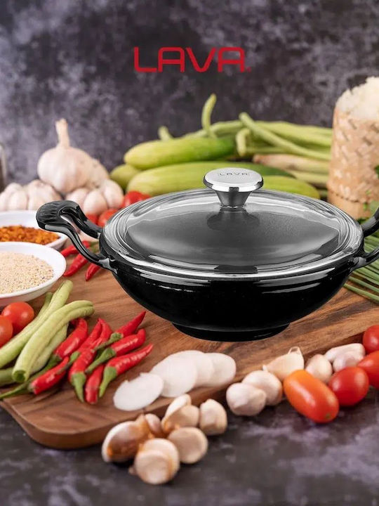 Lava Lava Wok aus Gusseisen mit Deckel mit Emaille Innenbeschichtung 16cm