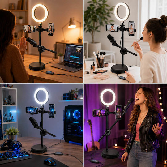 Desktop Stand for 2 Mobile Phones Microphone Ring Light LED USB 5V 3000-6500K Black OEM