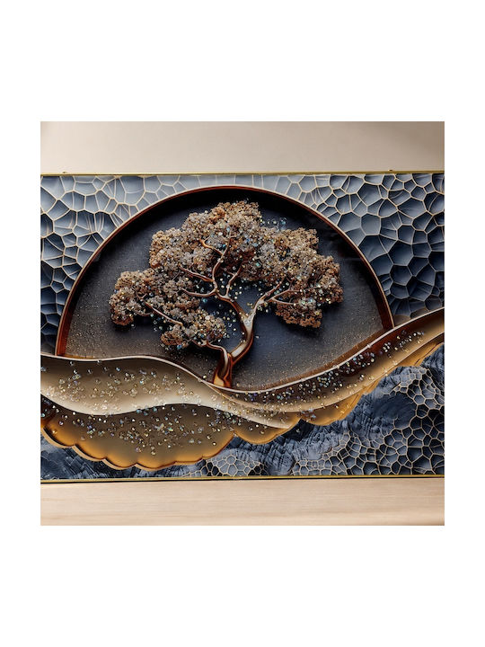 Pictură Decorativă Arbore Abstract Viață În Relief Aplicații Cristal În Cadru Auriu 60x40 Cm