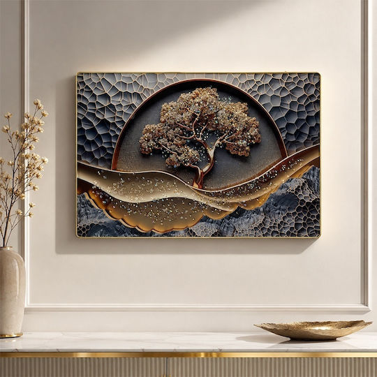 Decorative Painting Abstract Tree Life In Relief Crystal Applications In A Golden Frame 60x40 Cm