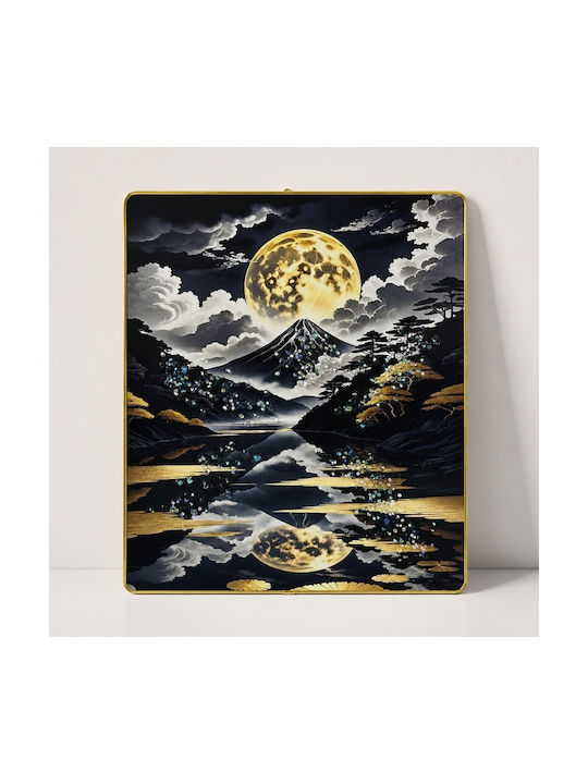 Pictură Decorativă Modernă Mount Fuji Lună Plină 3D Embosată Cristale Cadru Auriu 40x30 Cm
