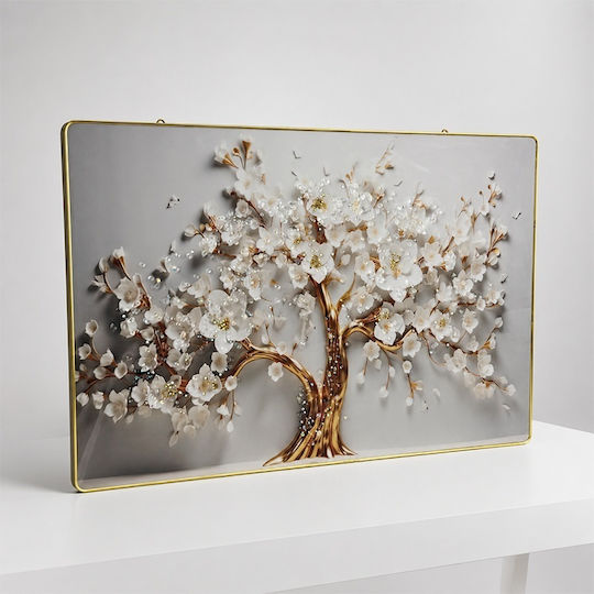 Pictură Decorativă Modernă Copac Înfloritor 3D Flori Albe Cristale Cadru Aurit 60x40 Cm