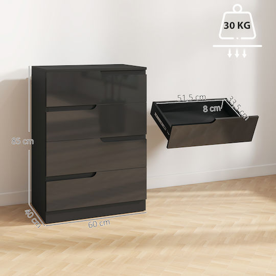 Chest of Drawers Wooden with 4 Drawers Glossy Black 60x40x85cm