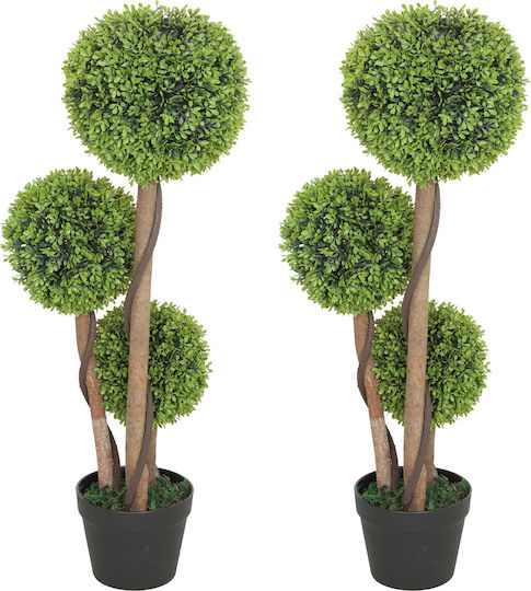 HomCom Set of 2 Artificial Boxwood Trees 3 Balls Pot Reinforced Base Height 90 cm Indoor & Outdoor Use 830-705v02yg
