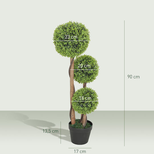 HomCom Set of 2 Artificial Boxwood Trees 3 Balls Pot Reinforced Base Height 90 cm Indoor & Outdoor Use 830-705v02yg