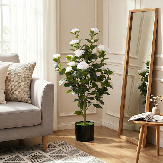 HomCom Artificial Camellia Realistic Flowers 176 Leaves Peva Black Pot Pp Cement White 83c-225v00wt