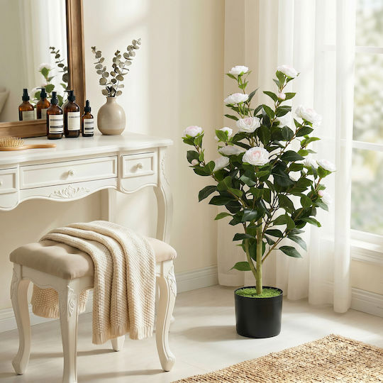 HomCom Artificial Camellia Realistic Flowers 176 Leaves Peva Black Pot Pp Cement White 83c-225v00wt