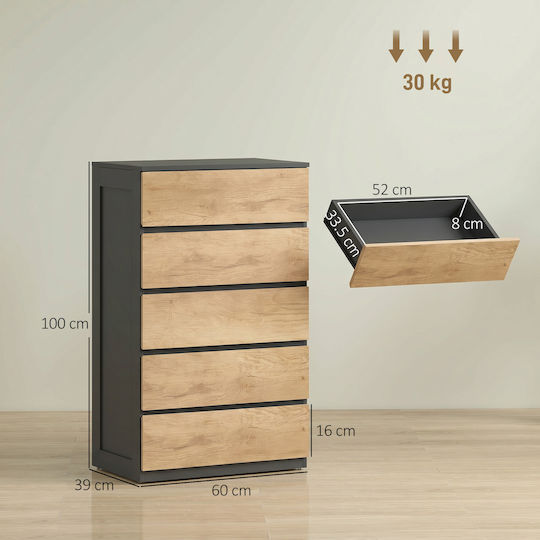 Спалня Дървена С 5 Чекмеджета Черно/Дъб 60x39x100см