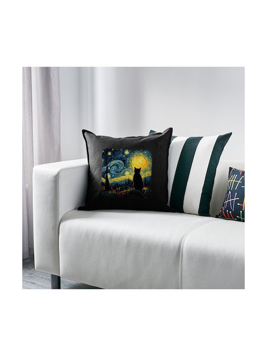 Koupakoupa Sofa Cushion Starry Night Cat 100% Cotton Black 50x50cm