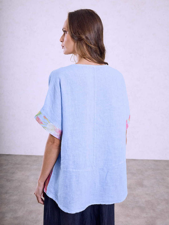Women's Linen Blouse Floral Print Loose Fit Light Blue
