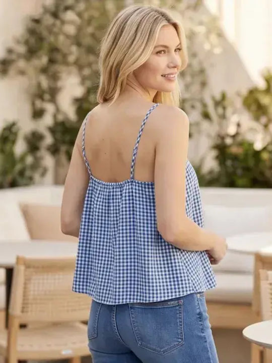 Damen Crop Top Aus Baumwolle Mit Spaghetti-Träger Karierte Hellblau