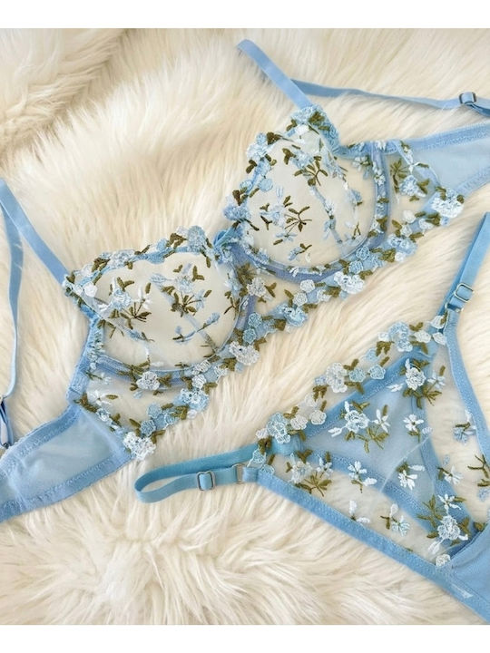 Set Lenjerie Intimă Cu Dantelă Sutien Cu Slip Albastru
