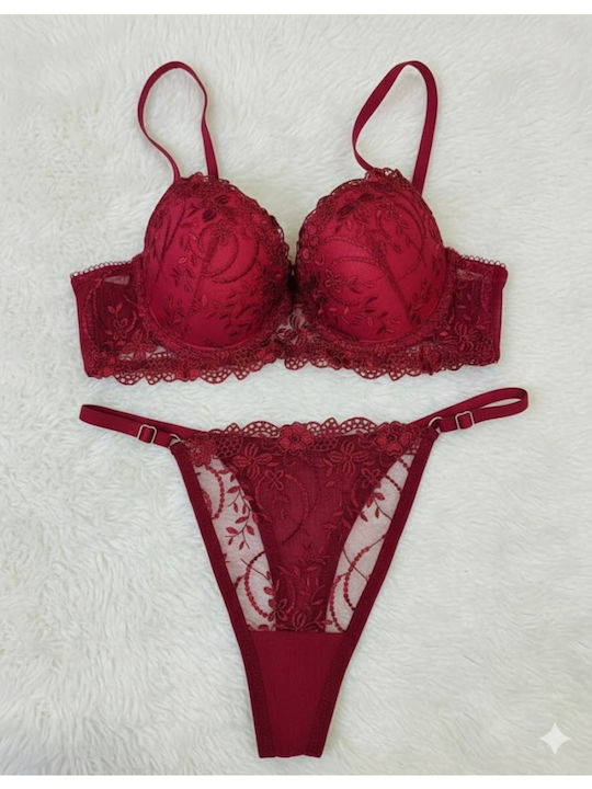 Set Lenjerie Intimă Cu Dantelă Cu Slip Burgundy
