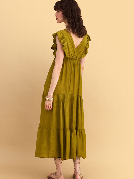 Summer Midi Evening Dress with Ruffles Green