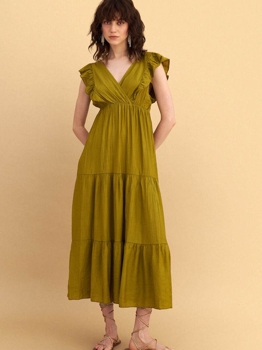 Summer Midi Evening Dress with Ruffles Green