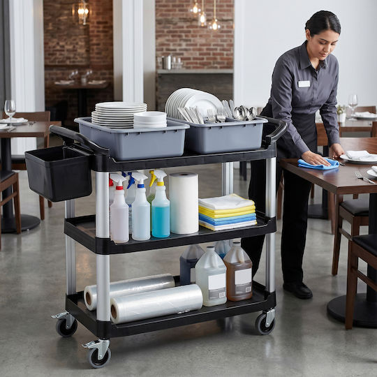 HomCom Professional Cleaning Trolley with 3 Shelves 2 Removable Buckets Side Bucket 4 Wheels Black 720-033v00bk