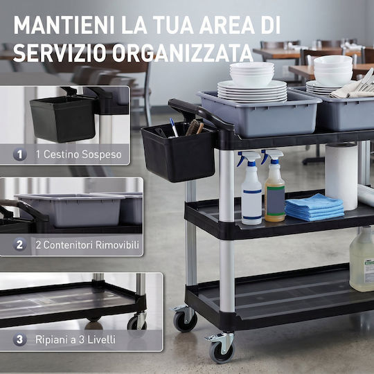 HomCom Professional Cleaning Trolley with 3 Shelves 2 Removable Buckets Side Bucket 4 Wheels Black 720-033v00bk