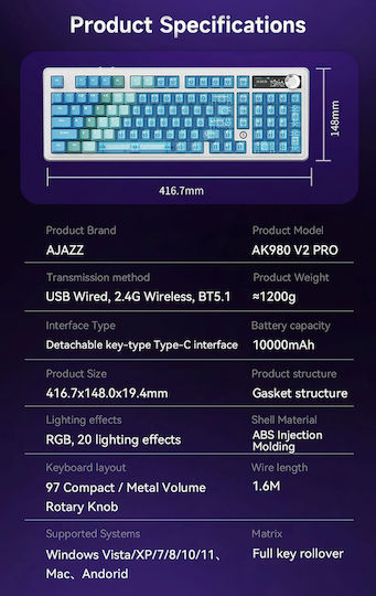 Ajazz AK980 V2 Pro Wireless Gaming Mechanical Keyboard 98% with RGB Lighting English US Transparent Yellow-Purple Dark Purple