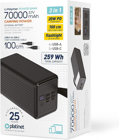 Platinet Power Bank 70000mAh 20W with 4 USB-A Ports and 2 USB-C Ports Power Delivery