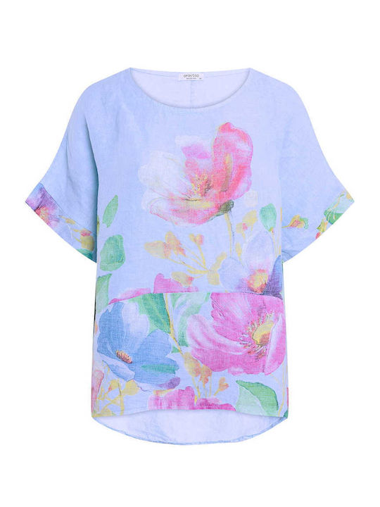 Women's Linen Blouse Floral Print Loose Fit Light Blue