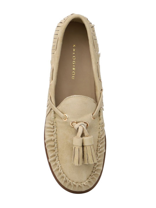 Leather Women's Loafers In Beige Colour