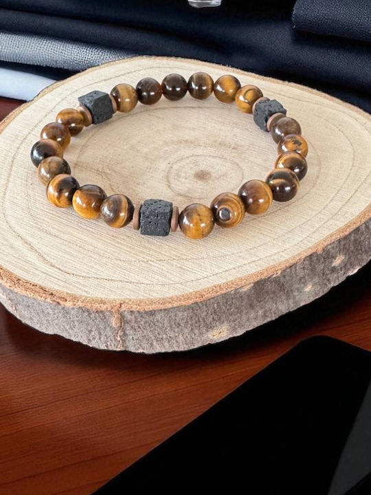 Handmade Men's Elastic Bracelet Silas Made Tiger Eye Lava Stone