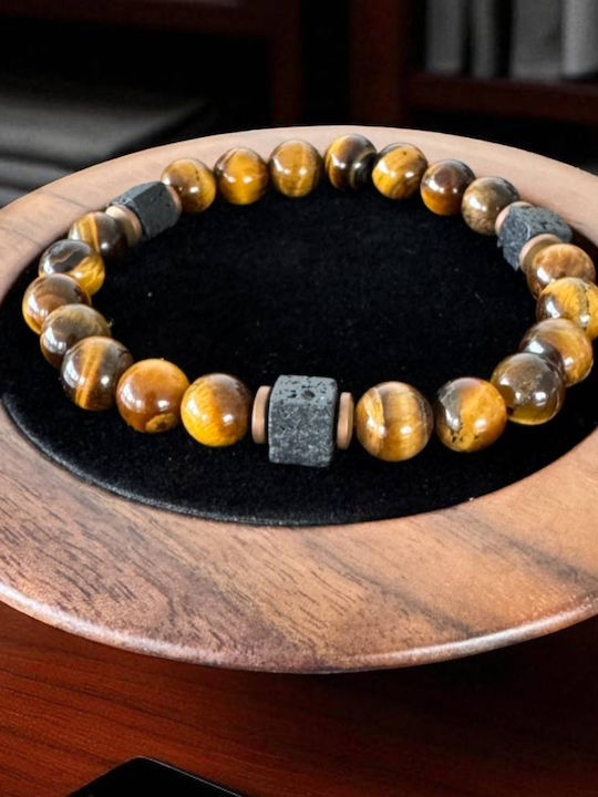 Handmade Men's Elastic Bracelet Silas Made Tiger Eye Lava Stone