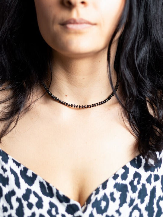 Colier Din Pietre Semiprețioase Agat Negru Kamia Choker Cu Închizătoare Din Cupru Placă De Aur 18k