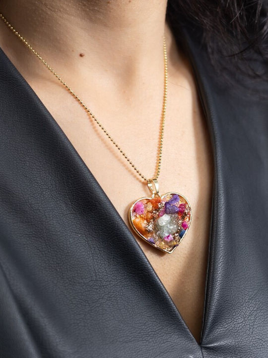 Colier Multicolor Pandantiv Inimă Aplicat Druzy Pietre Semiprețioase Placat Cu Aur 18k