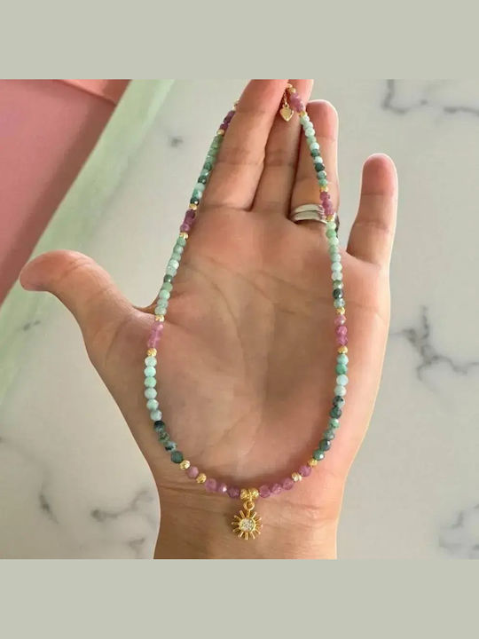 Colier Choker Handmade Solandra Din Smarald Natural Cu Cristale Roz De Turmalină 925 Talisman Soare
