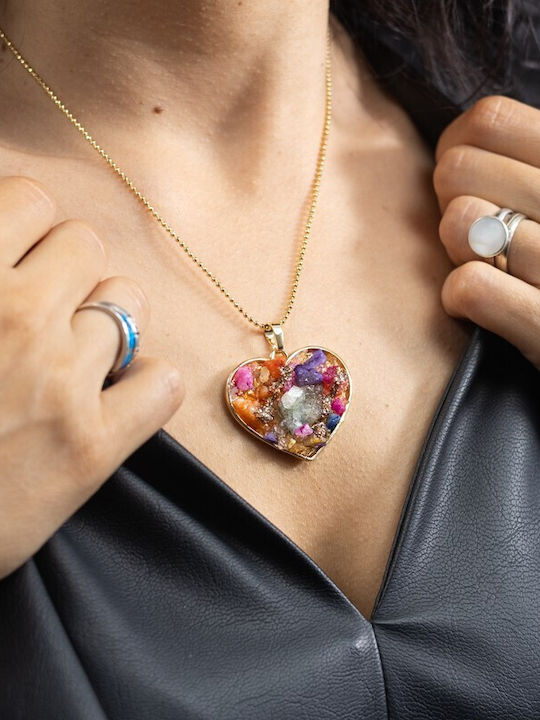 Colier Multicolor Pandantiv Inimă Aplicat Druzy Pietre Semiprețioase Placat Cu Aur 18k