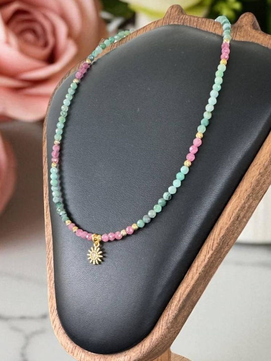 Colier Choker Handmade Solandra Din Smarald Natural Cu Cristale Roz De Turmalină 925 Talisman Soare
