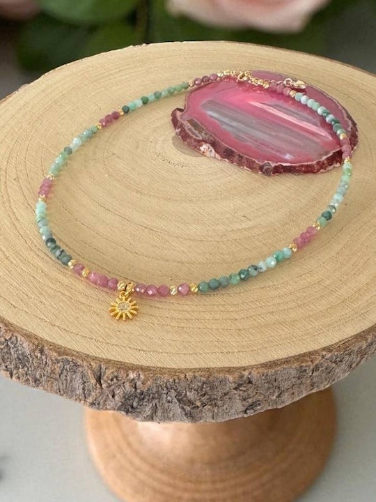 Colier Choker Handmade Solandra Din Smarald Natural Cu Cristale Roz De Turmalină 925 Talisman Soare