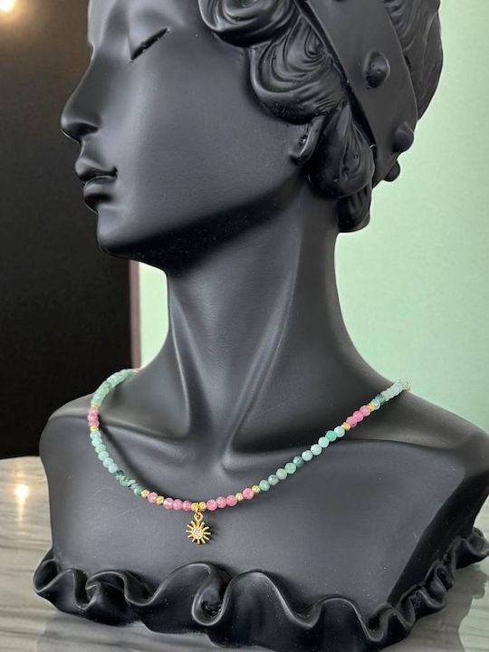 Colier Choker Handmade Solandra Din Smarald Natural Cu Cristale Roz De Turmalină 925 Talisman Soare