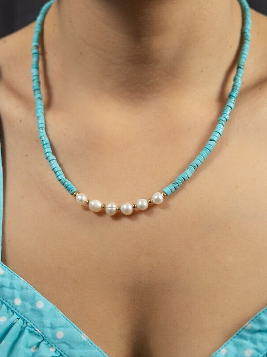 Colier Choker Cu Piatra Naturală Shoushan Turcoaz Placat Cu Aur 18k Mărgele De Apă Dulce Aisoon