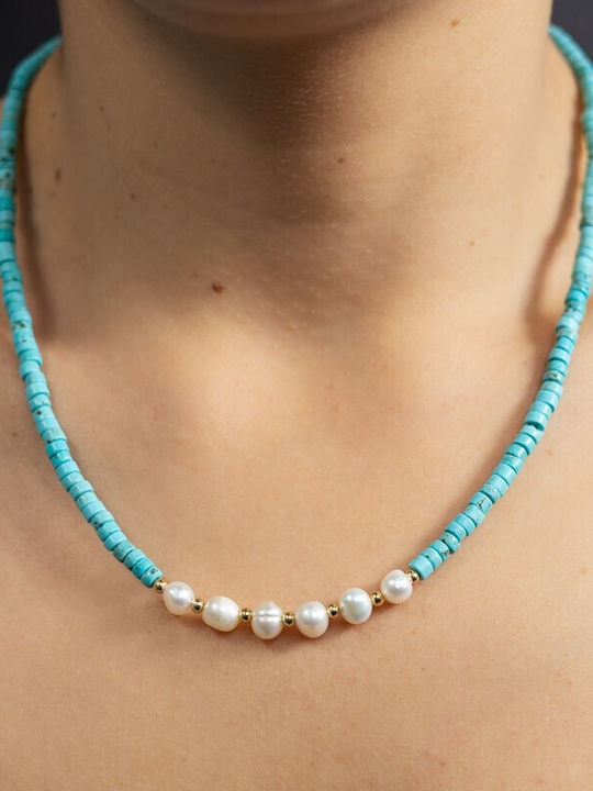 Colier Choker Cu Piatra Naturală Shoushan Turcoaz Placat Cu Aur 18k Mărgele De Apă Dulce Aisoon