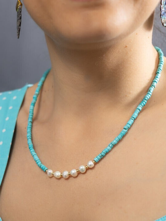 Colier Choker Cu Piatra Naturală Shoushan Turcoaz Placat Cu Aur 18k Mărgele De Apă Dulce Aisoon