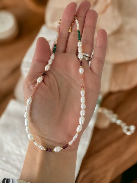 Colier Elegant Cu Mărgele Nora Jad Verde Piatră Soarelui Granat În Argint 925 Plăcut Cu Aur