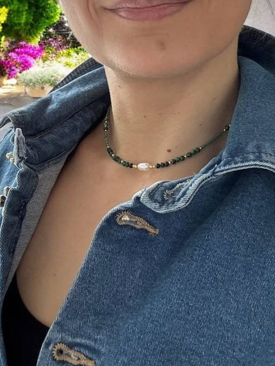 Colier Choker Elina Din Argint 925 Placat Cu Aur Cu Mărgele Miyuki Verzi Și Malachit Natural