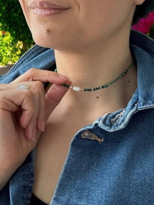 Colier Choker Elina Din Argint 925 Placat Cu Aur Cu Mărgele Miyuki Verzi Și Malachit Natural