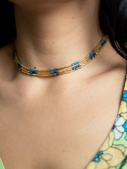 Colier Elegant Choker din Piatră Naturală Sodalit Semi-prețioasă Placat Cu Aur 18k Vania
