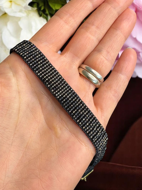 Colier Choker Lat Elegant Handmade Elian Din Mărgele Miyuki Maro Metalic Negru