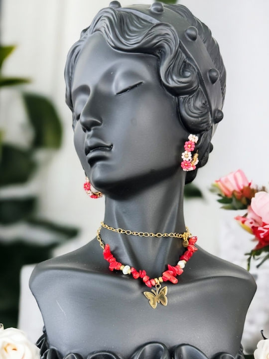 Colier Boho Chips De Coral Roșu Mărgele Naturale Din Oțel Placat Cu Aur 14k