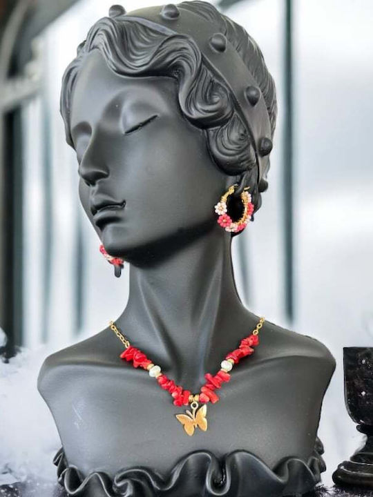 Colier Boho Chips De Coral Roșu Mărgele Naturale Din Oțel Placat Cu Aur 14k