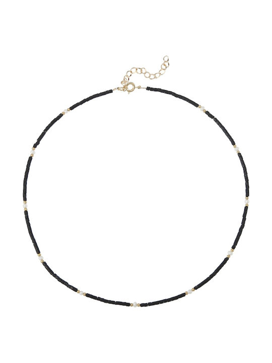 Colier Choker Lenny Din Cristale De Agat Negru Mărgele Naturale Placat Cu Aur